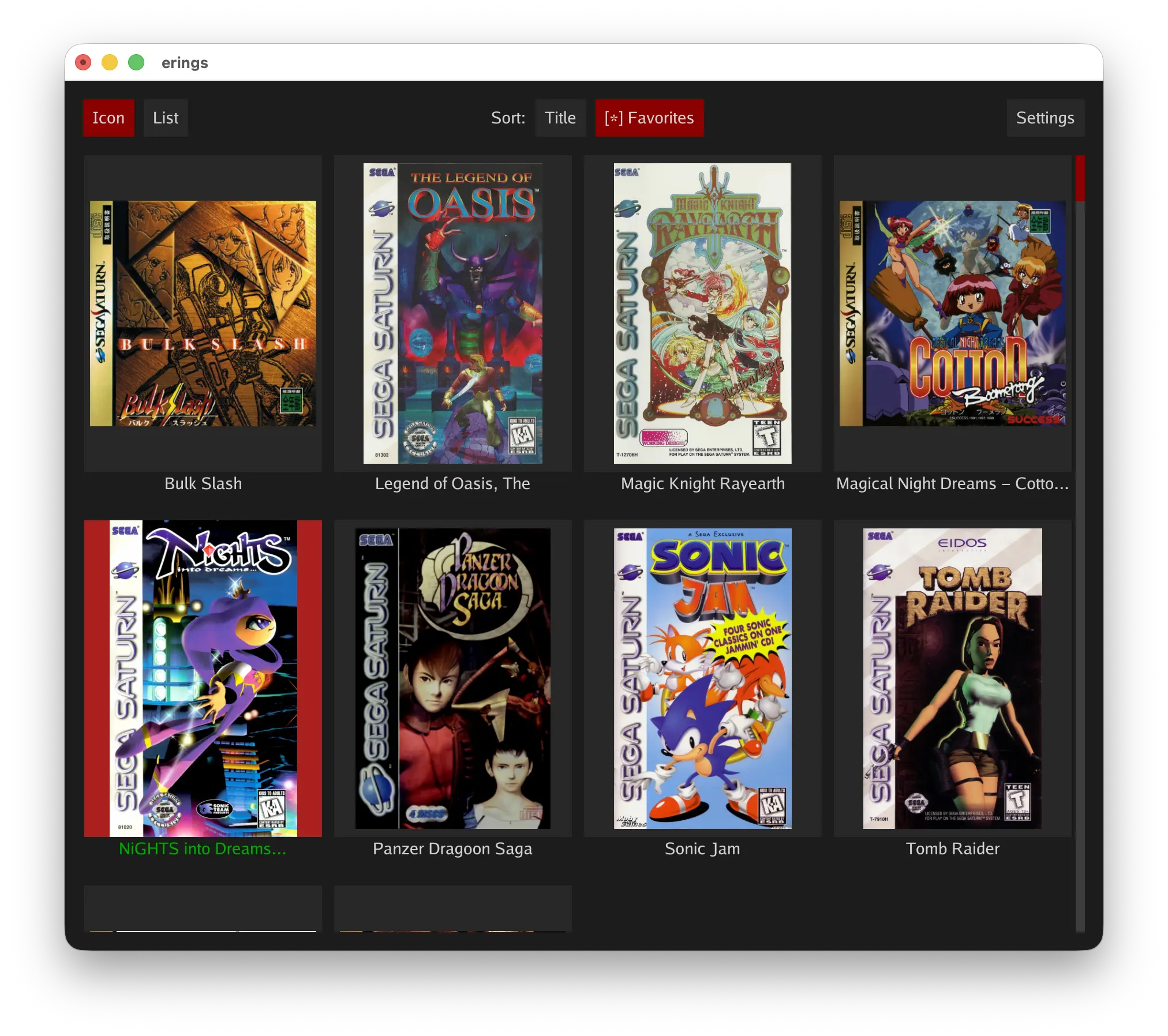 erings game library displaying Saturn cover artwork in a grid